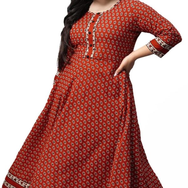 كورتا اناركالي من القطن بطبعة زهور للنساء, كستنائي