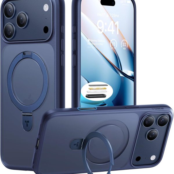 توراس جراب مغناطيسي من اوستاند لموبايل ايفون 17 برو ماكس، متوافق مع ماج سيف، درجة عسكرية مضادة للصدمات، مسند ثابت مرن وحامل حلقي، جراب نحيف شفاف 17 برو ماكس 6.9 انش، ازرق داكن