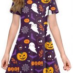 فستان هالوين للاطفال من تيورهوي بتصميم شبح ويقطين للفتيات الصغيرات، فستان هالوين متارجح للاطفال من عمر 7-14 سنة