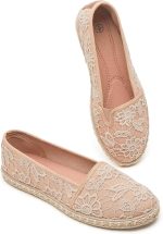 حذاء باليه مسطح اسود مطرز بالزهور للنساء من الدانتيل الابيض، حذاء مسطح مريح