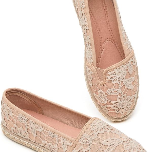 حذاء باليه مسطح اسود مطرز بالزهور للنساء من الدانتيل الابيض، حذاء مسطح مريح