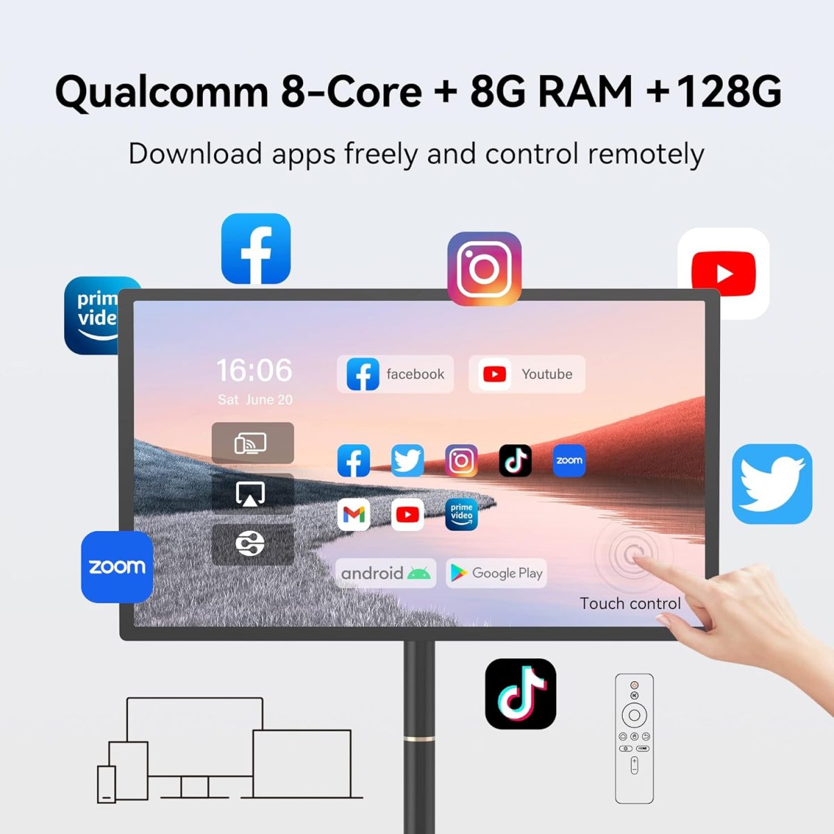 ⁦تلفزيون ذكي محمول 27 بوصة بعجلات مع شاشة تعمل باللمس | ذاكرة RAM 8G + تخزين 128G | معالج كوالكوم ثماني النواة | بطارية مدمجة 8-10 ساعات | كاميرا ويب 8MP | نظام تشغيل اندرويد 13 | دوران كامل | جهاز⁩ - الصورة ⁦2⁩
