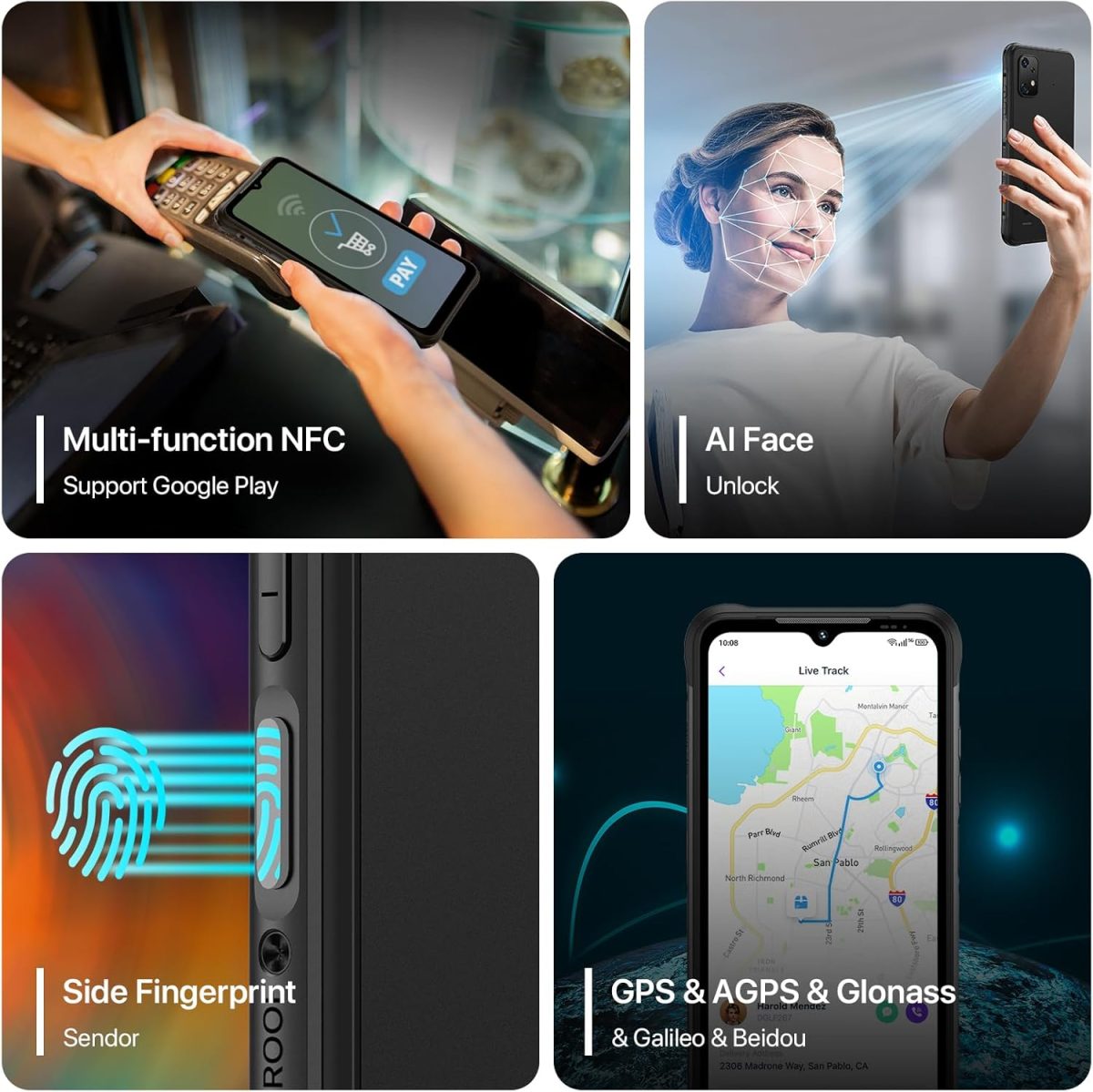 ⁦يوميدجي جوال بيسون X20 اندرويد 13 متين مقاوم للماء IP68/IP69K 6000mAh 12 (6+6) + 128GB/TF 1TB قابل للتوسيع وشاشة 6.55 انش NFC AGPS و4G ثنائي شرائح الاتصال⁩ - الصورة ⁦7⁩