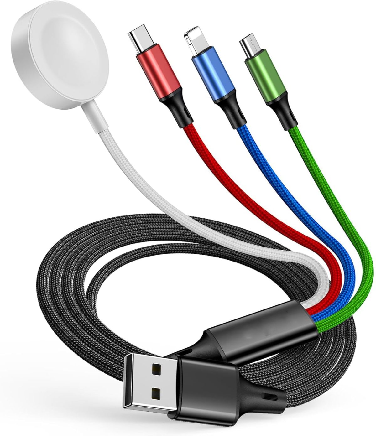 شاحن ترافل 4 في 1 لاجهزة اي ووتش وايفون، كيبل شحن متعدد مع USB-C وMicro USB وشاحن لاسلكي، متوافق مع ساعة ابل الترا/اس اي/9/8/7/6/5 وايفون 15/14/13 وجالكسي واندرويد