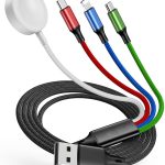 شاحن ترافل 4 في 1 لاجهزة اي ووتش وايفون، كيبل شحن متعدد مع USB-C وMicro USB وشاحن لاسلكي، متوافق مع ساعة ابل الترا/اس اي/9/8/7/6/5 وايفون 15/14/13 وجالكسي واندرويد