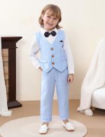 ⁦طقم بدلة جنتلمان للاولاد البيبي قميص باكمام طويلة مع ربطة عنق + صدرية + سروال، المقاس: 1-4 سنوات⁩ - الصورة ⁦3⁩