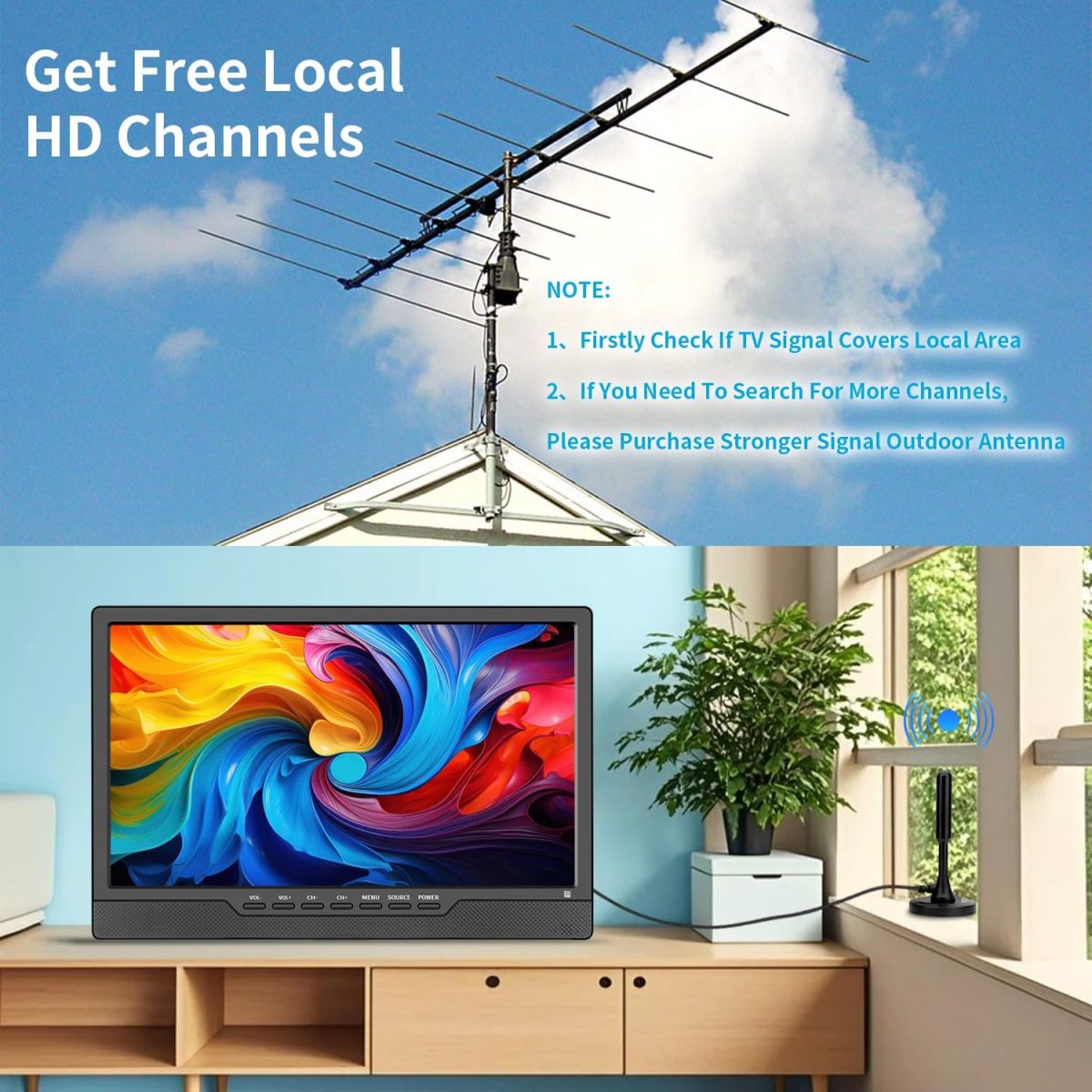 ⁦تلفزيون كيه سي ار 14 بوصة LED HD مع موالف رقمي، HDMI، USB، جهاز تحكم عن بعد، محمول، لغرفة النوم، المطبخ، ار في⁩ - الصورة ⁦2⁩