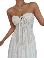 ⁦بلوزة نسائية من جورجليتر بتصميم بوهو صيفي بدون حمالات ورباط امامي⁩ - الصورة ⁦2⁩