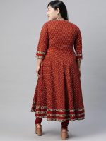 ⁦كورتا اناركالي من القطن بطبعة زهور للنساء, كستنائي⁩ - الصورة ⁦4⁩