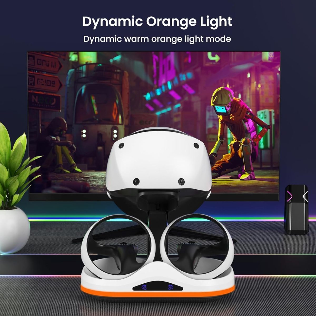 ⁦قاعدة شحن لجهاز بلاي ستيشن VR2 مع اضاءة RGB، قاعدة شحن عمودية، تدعم ملحقات عرض سماعات PSVR2 لبلاي ستيشن VR2، مع 4 محولات مغناطيسية من النوع C لوحدة التحكم سينس⁩ - الصورة ⁦4⁩