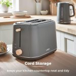 ⁦تاور محمصة خبز من قطعتين من سكاندي T20027G مع تحكم قابل للتعديل في التحميص و7 وظائف تحميص واعدادات الغاء واذابة الثلج واعادة التسخين، تصميم اسكندنافي انيق، 800 واط، لمسات خشبية رمادية⁩ - الصورة ⁦6⁩