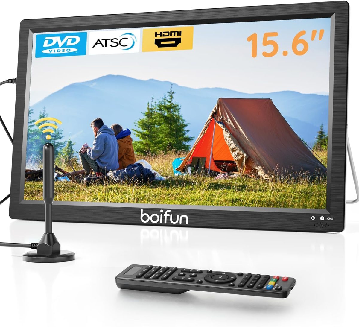 بويفون تلفزيون محمول 15.6 انش مع هوائي، مشغل دي في دي مدمج، بطارية 5000mAh، يدعم مدخل HDMI/USB/TF/AV وتنسيقات اقراص متعددة، مجموعة دي في دي صغيرة للتخييم والفناء والمطبخ ار في، اسود