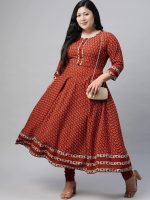 ⁦كورتا اناركالي من القطن بطبعة زهور للنساء, كستنائي⁩ - الصورة ⁦2⁩