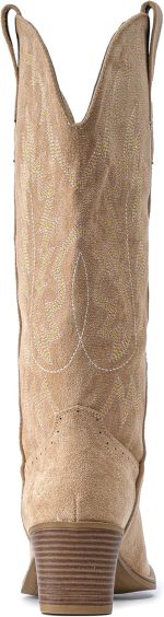 ⁦حذاء كاوبوي من الشمواه للنساء من اي يو في بكعب سميك ومقدمة مدببة، حذاء راعية البقر بطول منتصف الساق مطرز غربي للخريف⁩ - الصورة ⁦4⁩