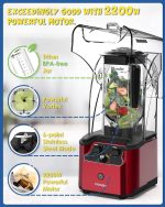 ⁦كريندي خلاط تجاري عازل للصوت، 2200 واط و2.2 لتر، خلاط احترافي عالي السرعة لصنع السموذي وسحق الثلج ونبض مدمج وتحكم بـ 15 سرعة، 220 فولت K90 احمر⁩ - الصورة ⁦6⁩