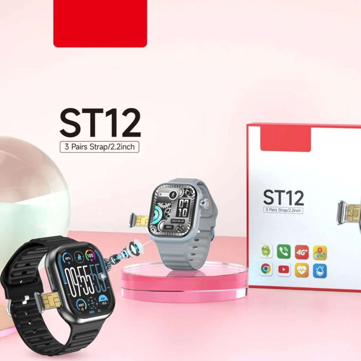 ⁦ساعة ذكية ST12 - شاشة كاملة 2.2 انش، دعم شريحة الاتصال 4G، 3 اساور + شاحن لاسلكي (متعدد الالوان) للرجال والنساء⁩ - الصورة ⁦2⁩
