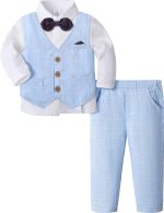طقم بدلة جنتلمان للاولاد البيبي قميص باكمام طويلة مع ربطة عنق + صدرية + سروال، المقاس: 1-4 سنوات