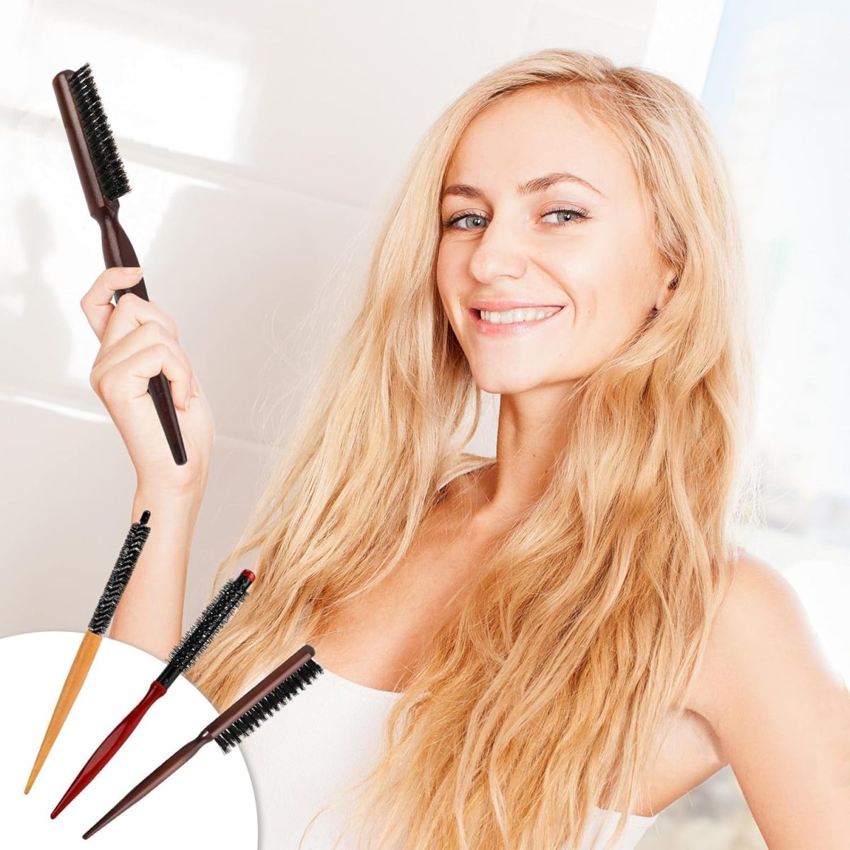 ⁦فرشاة دائرية صغيرة للشعر القصير، 3 مجموعات فرشاة شعر صغيرة للنساء، فرشاة بشعيرات من النايلون/الخنزير لتجفيف الشعر الرقيق ورفع الغرة وكثافته وتصفيفه وتجعيده، فرشاة اللحية للرجال⁩ - الصورة ⁦4⁩