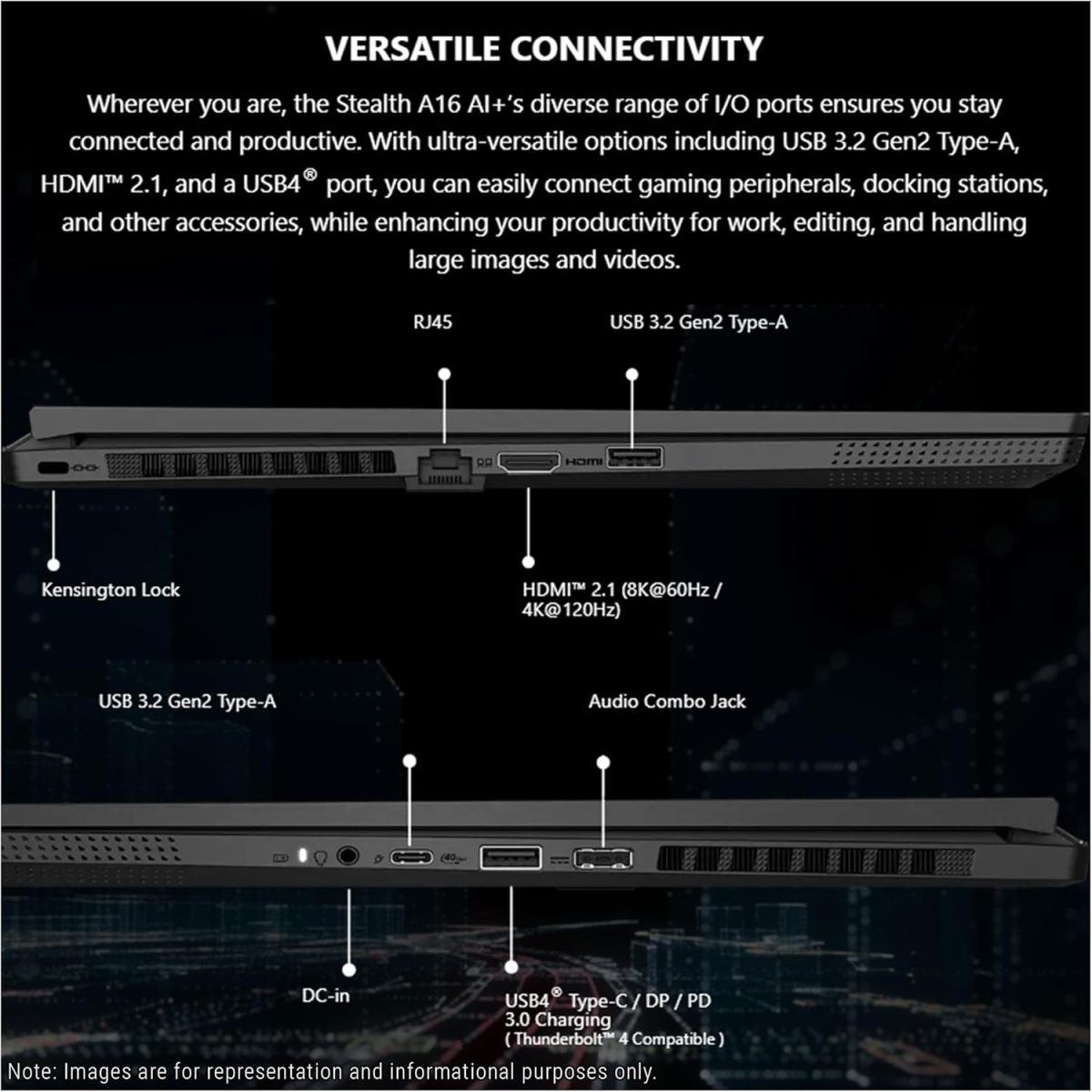 ⁦MSI لابتوب العاب ايه 16 ايه اي بلس من كريتور، AMD رايزن AI 9-365، 32GB LPDDR5x RAM، 4TB PCIe SSD، شاشة 16 انش QHD+ (2560x1600)، انفيديا جي فورس RTX 4060، كيبورد RGB لكل مفتاح، W11 برو، رمادي قمري⁩ - الصورة ⁦4⁩