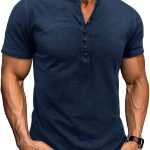 تي شيرت هينلي للرجال من لاوارا باكمام قصيرة وقبة V وازرار من القطن بتصميم فينتاج M-3XL