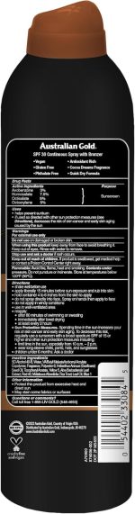 ⁦استراليان جولد بخاخ واقي من الشمس مع مستحضر تسمير فوري بعامل وقاية من اشعة الشمس بدرجة 30، يتوهج ويجف بسرعة ومقاوم للماء وغير دهني ولم يتم اختباره على الحيوانات، برونزر جديد، برتقالي، 6 اونصة⁩ - الصورة ⁦2⁩