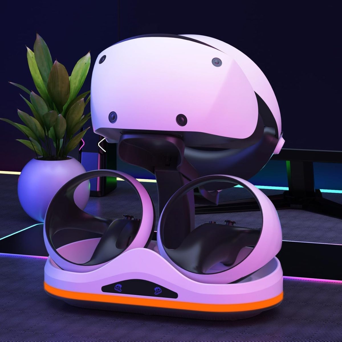 ⁦قاعدة شحن لجهاز بلاي ستيشن VR2 مع اضاءة RGB، قاعدة شحن عمودية، تدعم ملحقات عرض سماعات PSVR2 لبلاي ستيشن VR2، مع 4 محولات مغناطيسية من النوع C لوحدة التحكم سينس⁩ - الصورة ⁦5⁩