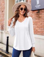 ⁦Teesho Women's Long-Sleeved Shirt, Elegant V-Neck Blouses, Cotton Tops, Autumn Shirts, Loose Long Tops, Tunic⁩ - الصورة ⁦3⁩