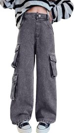 بنطلون جينز كارجو فضفاض للبنات Y2K من بولكنوكين، بنطلون كاجوال واسع الساق بنمط هيب هوب مقاس 6-14 سنة