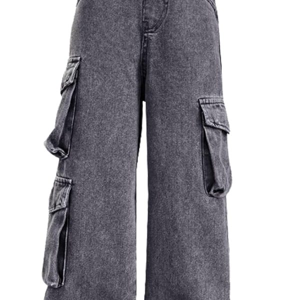 بنطلون جينز كارجو فضفاض للبنات Y2K من بولكنوكين، بنطلون كاجوال واسع الساق بنمط هيب هوب مقاس 6-14 سنة