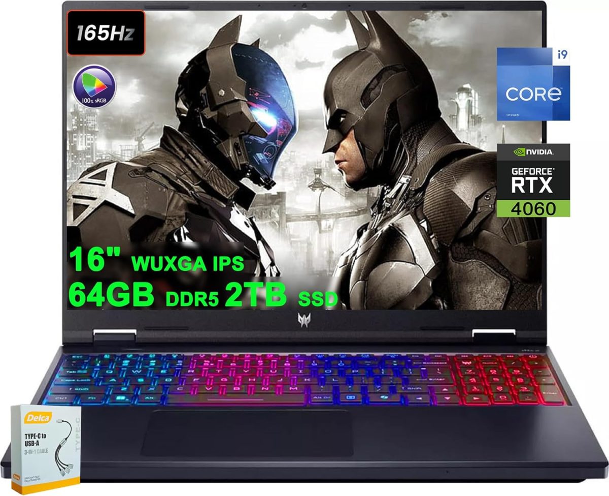 ايسر لابتوب العاب بريداتور هيليوس نيو 16 بشاشة 16 انش WUXGA IPS 165Hz (100% sRGB) ومعالج انتل i9-14900HX و64GB DDR5 و2TB SSD وبطاقة جيفورس RTX 4060 8GB واضاءة خلفية RGB كيلر AX1675i وويندوز 11 مع ملحق