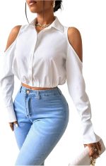 ⁦قمصان نسائية قصيرة بأكمام طويلة مكشوفة الكتفين من جورجليتر، قمصان أنيقة بياقة وازرار⁩ - الصورة ⁦3⁩