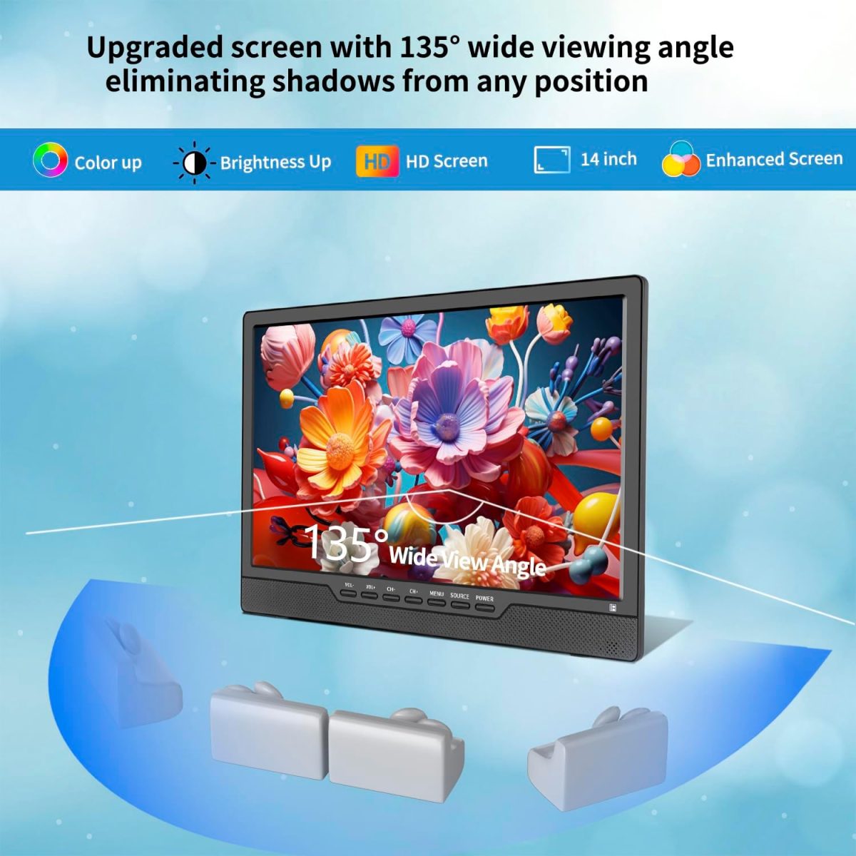⁦تلفزيون كيه سي ار 14 بوصة LED HD مع موالف رقمي، HDMI، USB، جهاز تحكم عن بعد، محمول، لغرفة النوم، المطبخ، ار في⁩ - الصورة ⁦3⁩