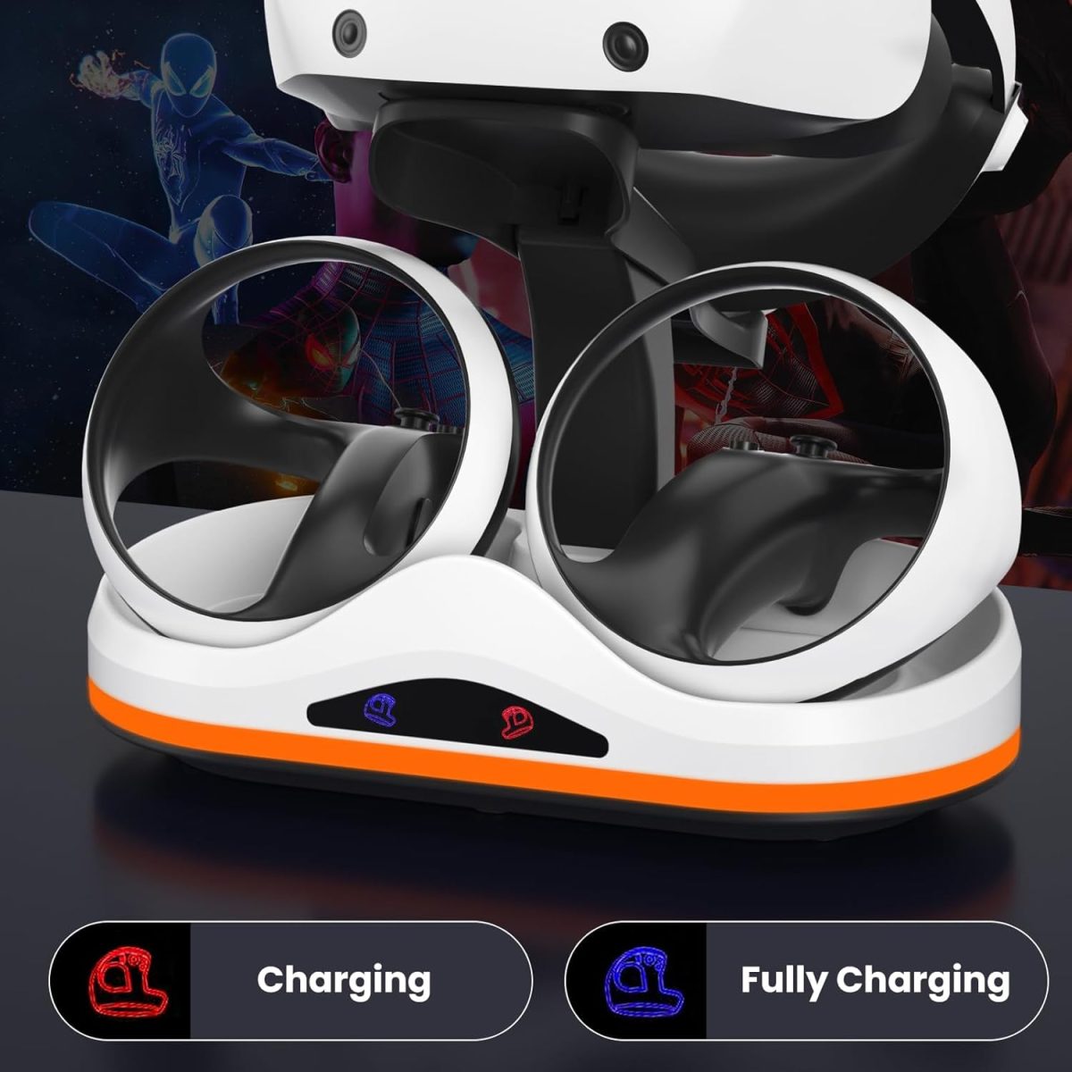 ⁦قاعدة شحن لجهاز بلاي ستيشن VR2 مع اضاءة RGB، قاعدة شحن عمودية، تدعم ملحقات عرض سماعات PSVR2 لبلاي ستيشن VR2، مع 4 محولات مغناطيسية من النوع C لوحدة التحكم سينس⁩ - الصورة ⁦2⁩