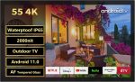 إليكسونج تلفزيون اندرويد ذكي مقاوم للماء 55 بوصة للاماكن الخارجية 2000 وحدة مضيئة في البكسل 4K، دولبي اتموس، HDR 10 مقاوم للطقس يدعم بلوتوث وواي فاي