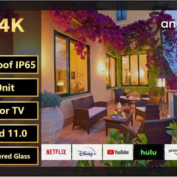 إليكسونج تلفزيون اندرويد ذكي مقاوم للماء 55 بوصة للاماكن الخارجية 2000 وحدة مضيئة في البكسل 4K، دولبي اتموس، HDR 10 مقاوم للطقس يدعم بلوتوث وواي فاي