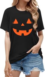 ⁦Women's Halloween Pumpkin Face T-Shirt Women's Pumpkin Shirt Autumn Carnival Shirts⁩ - الصورة ⁦3⁩