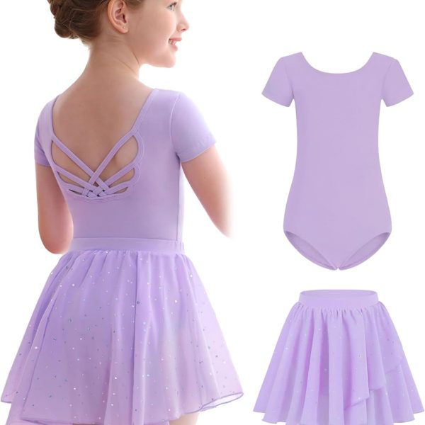 تنورة رقص الباليه للبنات الصغيرات، فستان راقصة باليرينا ناعم مع عقدة مجوفة من الخلف واكمام قصيرة