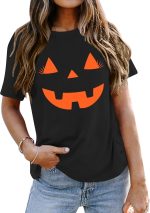 ⁦Women's Halloween Pumpkin Face T-Shirt Women's Pumpkin Shirt Autumn Carnival Shirts⁩ - الصورة ⁦4⁩