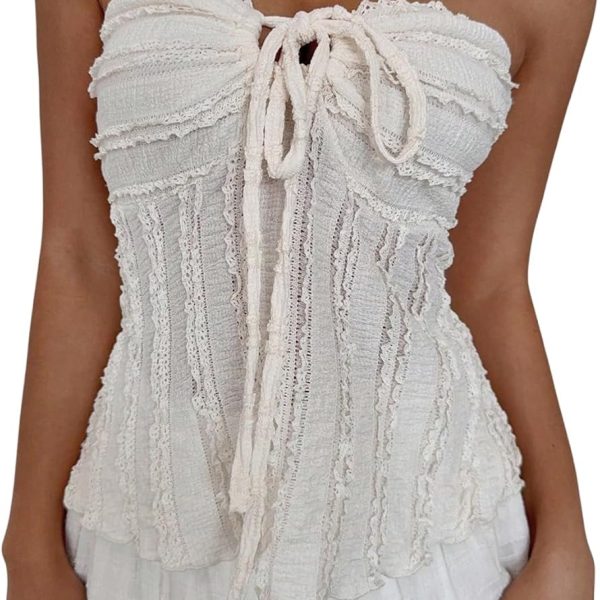 بلوزة نسائية من جورجليتر بتصميم بوهو صيفي بدون حمالات ورباط امامي