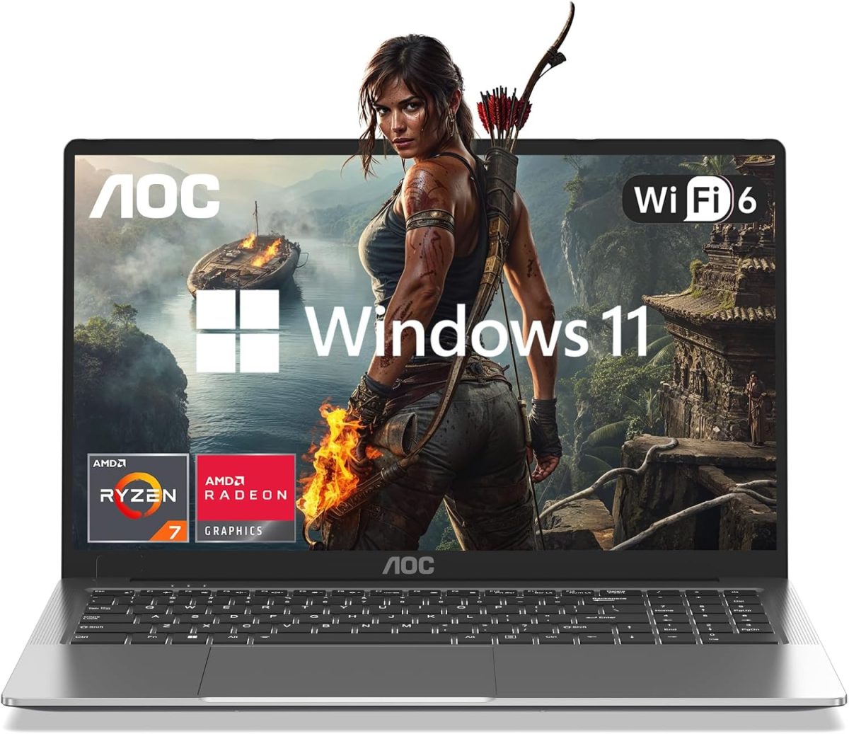 AOC لابتوب بمعالج AMD رايزن 7 5700U (حتى 4.3GHz)، شاشة FHD 16 انش مع ذاكرة RAM 16GB وSSD NVMe 512GB وبلوتوث 5.2 وواي فاي 6 وUSB 3.2 وبطارية 53 واط في الساعة وكيبورد باضاءة خلفية نوع C