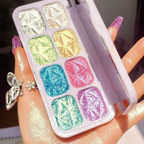 8 Color Face Cheek Highlighter Makeup Palette Shimmer Glitter Iridescent Multichrome Holographic Eyeshadow Palette Purple Rainbow Glitter Highlighter Makeup Highlight and Contour Chrome Eye Make up