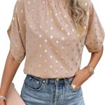 بلوزة نسائية منقطة مكشكشة ورقبة وهمية ورباط خلفي قصير الاكمام من جورجليتر