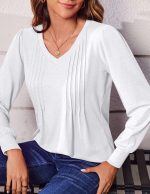 ⁦Teesho Women's Long-Sleeved Shirt, Elegant V-Neck Blouses, Cotton Tops, Autumn Shirts, Loose Long Tops, Tunic⁩ - الصورة ⁦4⁩