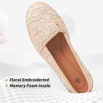 ⁦حذاء باليه مسطح اسود مطرز بالزهور للنساء من الدانتيل الابيض، حذاء مسطح مريح⁩ - الصورة ⁦2⁩