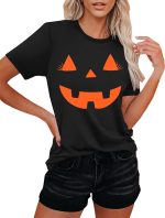 ⁦Women's Halloween Pumpkin Face T-Shirt Women's Pumpkin Shirt Autumn Carnival Shirts⁩ - الصورة ⁦2⁩