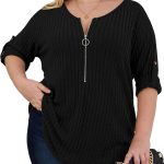 زامووتاي بلايز مقاس كبير للنساء باكمام ملفوفة 3/4 بقبة V وسحاب ولون سادة خفيف الوزن