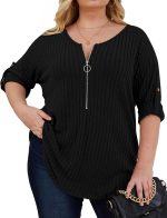 زامووتاي بلايز مقاس كبير للنساء باكمام ملفوفة 3/4 بقبة V وسحاب ولون سادة خفيف الوزن