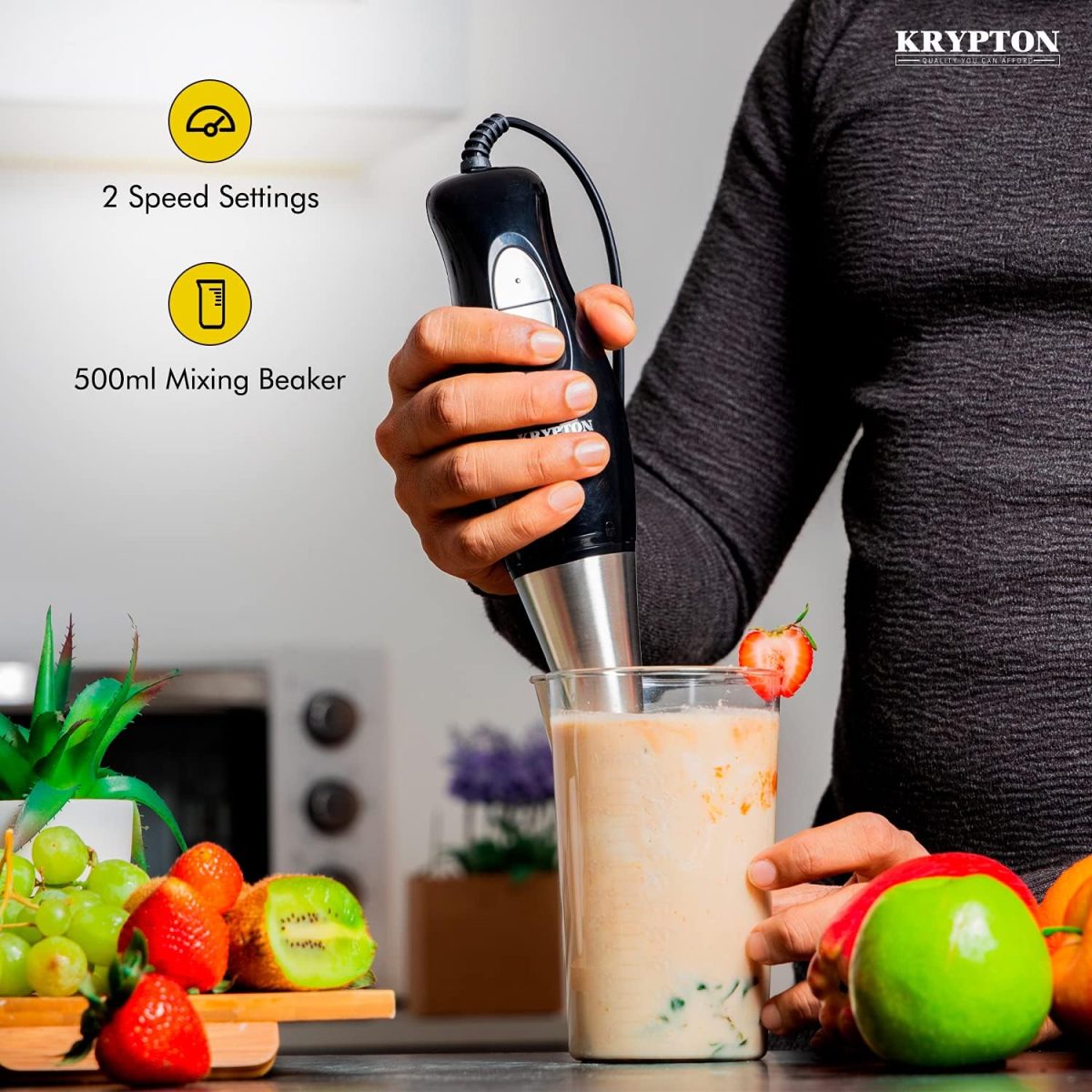 ⁦كريبتون خلاط يدوي قوي 200 واط | خلاط يدوي للغمر | ستانلس ستيل | كوب 500 مل | مثالي للعصائر والمخفوقات وطعام الاطفال والحساء وطحن المكونات والخضروات والفواكه - ضمان لمدة عامين⁩ - الصورة ⁦6⁩