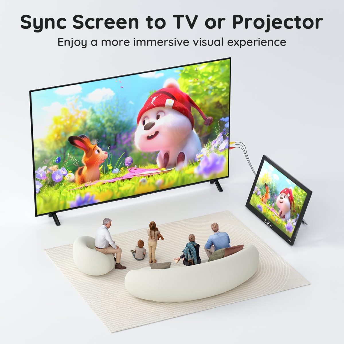 ⁦بويفون تلفزيون محمول 15.6 انش مع هوائي، مشغل دي في دي مدمج، بطارية 5000mAh، يدعم مدخل HDMI/USB/TF/AV وتنسيقات اقراص متعددة، مجموعة دي في دي صغيرة للتخييم والفناء والمطبخ ار في، اسود⁩ - الصورة ⁦7⁩