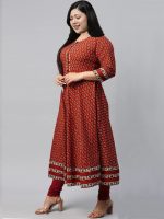 ⁦كورتا اناركالي من القطن بطبعة زهور للنساء, كستنائي⁩ - الصورة ⁦3⁩